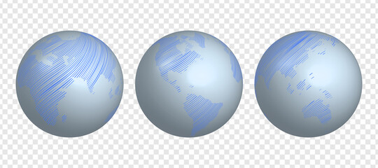 Set of vector globes in different views. Concept of World map from lines. Three globes in blue on transpatent background for your web site design, app, UI.  EPS10.