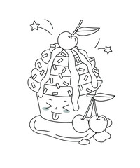 Naklejka premium Kawaii cherry cupcake illustration for kids coloring book