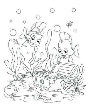 Ocean Fish Underwater With The Treasure Box Illustration For Kids Coloring Book