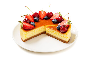 Souffle cheesecake dessert with fresh berries .isolated on white background.	