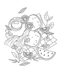 breakfast, picnic food outline illustration for coloring book