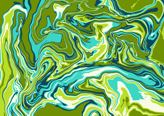 Fluid art texture. Abstract background with swirling paint effect. Liquid acrylic picture that flows and splashes. Mixed paints for interior poster. Green, blue and gray overflowing colors