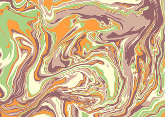 Fluid art texture. Abstract background with swirling paint effect. Liquid acrylic picture that flows and splashes. Mixed paints for interior poster. Brown, green and orange overflowing colors