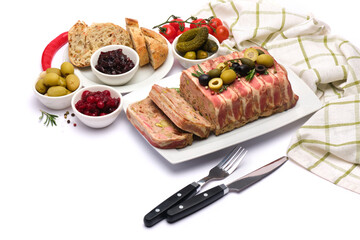 Traditional French terrine covered with bacon isolated on white background