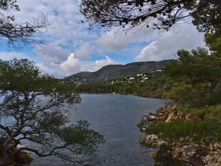 Fototapeta na wymiar Beautiful view of the rocky mediterranean coast near town La Lavandou at the French Riviera, France on cloudy day in autumn season with trees.