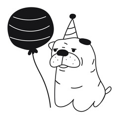 Bulldog with Party hat and with balloon. Vector outline illustration on white background. 