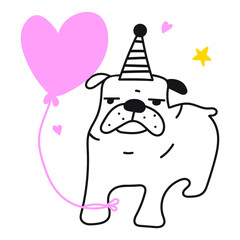 Bulldog with pink balloon and wearing Party hat. Vector illustration on white background. 