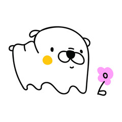 Baby bulldog look at flower. Vector outline illustration on white background.