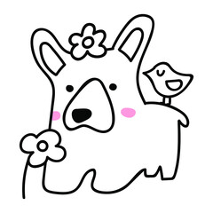 Corgi sniff flower. Vector outline icon illustration on white background.