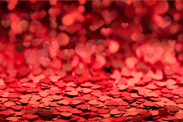 red shiny empty background of confetti hearts blur. it is suitable for creating a valentine card or product demonstration or gifts for holidays, making postcards. red dark