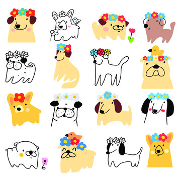 Set of funny dogs with flowers on their heads. Flat and outline icons. Hand drawn illustrations on white background.  