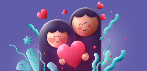 Love theme background. Happy Valentine's Day. Mother's day. 3d couple illustrations in modern style. Romantic 3d pictures.