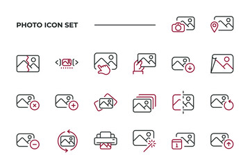 simple set of Photo vector icons with editable line styles covering broken photos, camera photos, download photos and other. isolated on white background. 