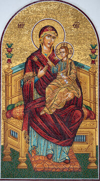 a mosaic icon depicting the Mother of God with baby Jesus in her arms at the Sihla Monastery - Romania