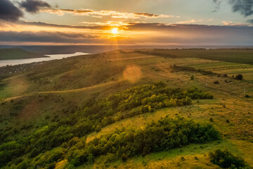 Aerial view, forests, mountains in Ukraine in summer, fog and dawn. Travel concept, weekend, vacation