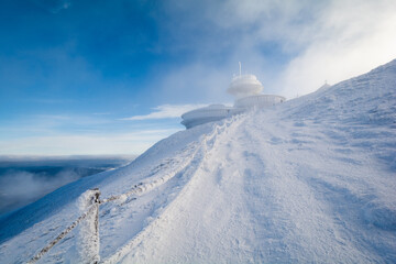 peak of Sniezka mountain during winter in Karkonosze mountains in Poland