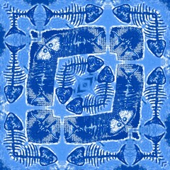 blue fish bones design with repeating pattern in a square format