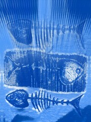 bright blue fish bones pattern and ripple effect, design