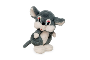 Isolated children's toy on a white background. Plush toy mouse sits on a white background.