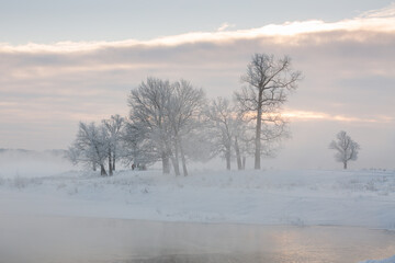 winter landscape, frozen trees, snowy view, beautiful winter