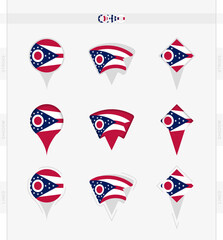 Ohio flag, set of location pin icons of Ohio flag.