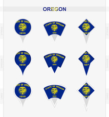 Oregon flag, set of location pin icons of Oregon flag.