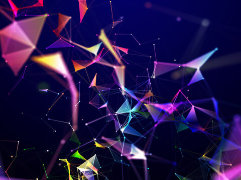3D network communications background with rainbow coloured plexus design