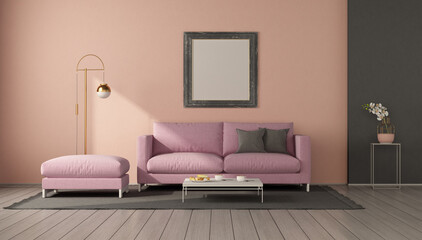 Minimalist living room with pink sofa