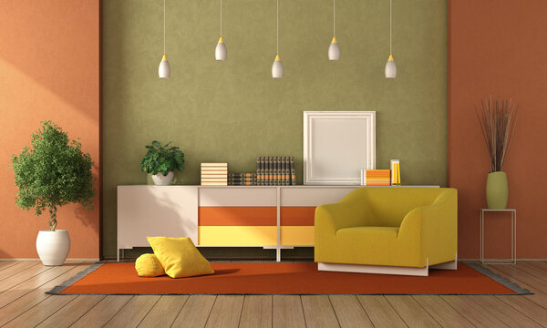 Colorful living room with sideboard and modern armchair