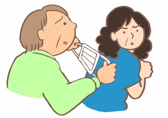 統合失調症　マスクを付けようとする家族と拒否する女性