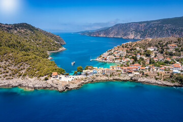 Fototapeta na wymiar Aerial view of the idyllic fishing village Assos on the island of Kefalonia, Ionian Sea, Greece