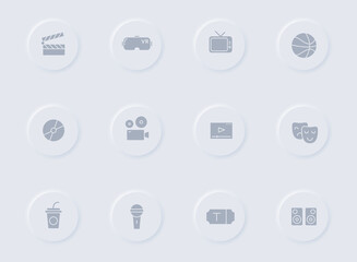 entertainment gray vector icons on round rubber buttons. entertainment icon set for web, mobile apps, ui design and promo business polygraphy