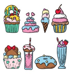  A doodle-style banner. Dessert banner. Cup cake vector. Dessert banner. Homemade white cake. Cup cakes isolated. Print for fabric, packaging, label, postcard, print.  Dessert set