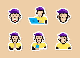 monkey color vector stickers. monkey in purple cap and yellow t shirt cartoon stickers with white stroke isolated on beige background. monkey cartoon stickers for your business