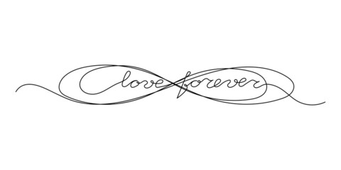 Continuous One Line script cursive text love forever. Vector illustration for poster, card, banner valentine day, wedding, print on shirt.