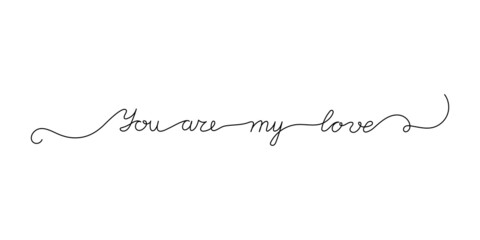 Continuous One Line script cursive text you are my love. Vector illustration for poster, card, banner valentine day, wedding, print on shirt.