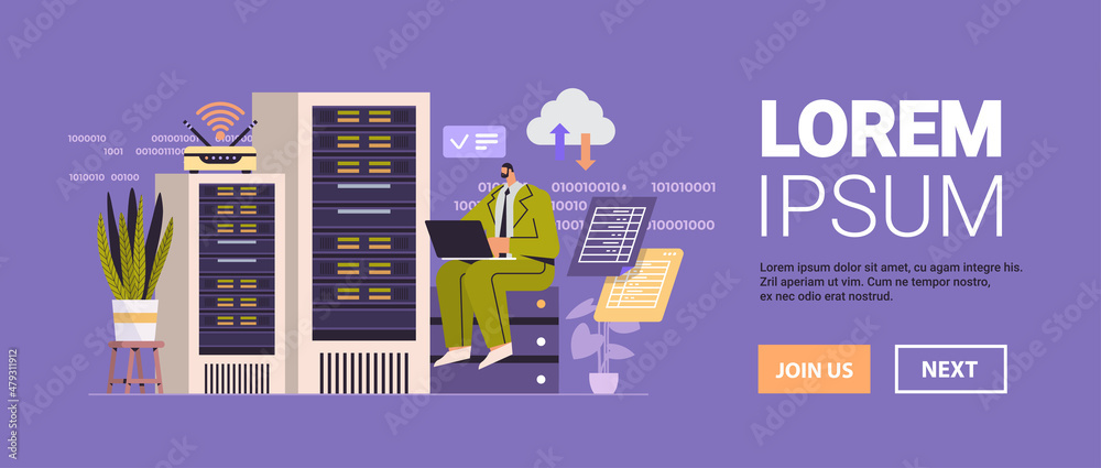 Poster businessman working in data center room hosting server computer monitoring information database concept