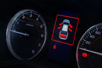 Screen display of car status warning light on dashboard panel symbols which show the fault...