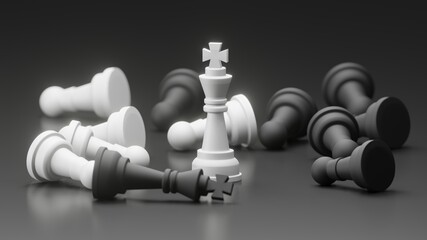 Standing White King and Black king fall in the floor with dark background. 3D illustration of winner