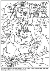 Find and coloring Hidden Objects. Animal dancing at party. Puzzle game for kids. Colouring book. Sketch vector illustration.