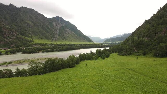 A mountain river in a green valley. Summer mountain landscapes in cloudy weather
