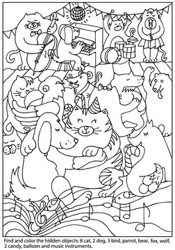 Find and coloring Hidden Objects. Animal dancing at party. Puzzle game for kids. Colouring book. Sketch vector illustration.