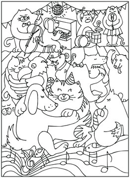 Coloring page. Animal dancing at party. Colouring book. Sketch vector illustration.