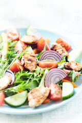 Healthy Salad with Chicken Breast, Cherry Tomatoes, Cucumber, Orange Pepper, Endive and Red Onion. Close up. 