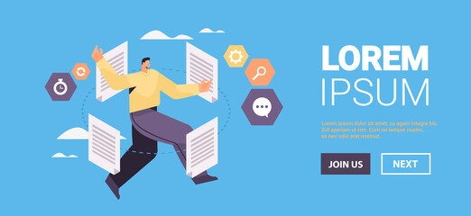 overworked businessman working with paper documents paperwork deadline concept