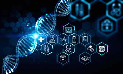 Digital interface with icons of dna, syringe, pills, mask, suitcase