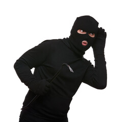 Thief in mask with crowbar on white background