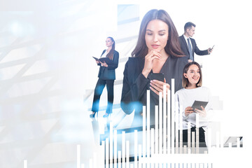 Business people working in financial company, bar chart and network