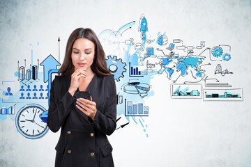 Businesswoman pensive look with phone in hands near business plan with icons