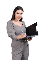 Businesswoman with clipboard, smiling isolated over white backgr